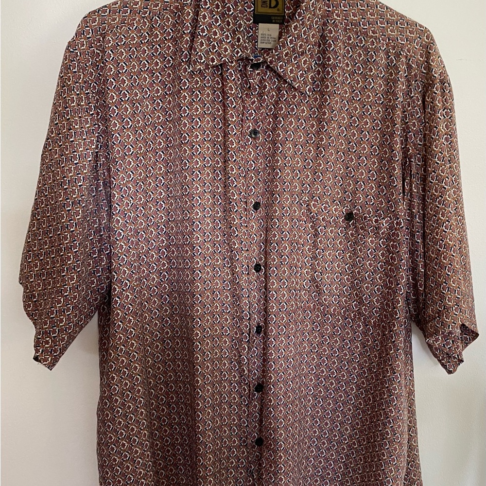 Elegant Silk Men's Button Down Shirt - Brown Pattern